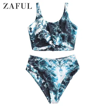 

ZAFUL Sexy Swimwear Seawater Print Knot High Waisted Tankini Swimsuit Bikini Set Bathing Suits Wire Free Padded Women BeachSuits