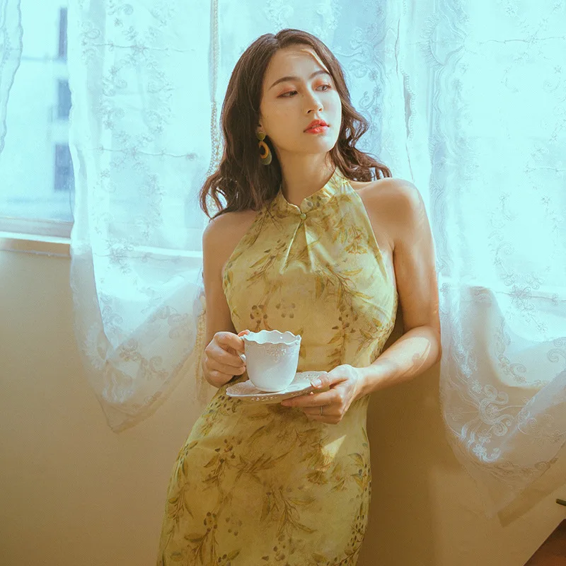 

Graceful Vintage Improved Cheongsam Slimming Chinese-style GIRL'S Cheongsam Slit-off-Shoulder Dress