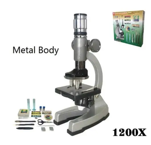 1200X зум биологический монокулярный микроскоп с подсветкой для начинающих детей студентов детей Обучающие игрушки микроскоп - Цвет: Metal Body