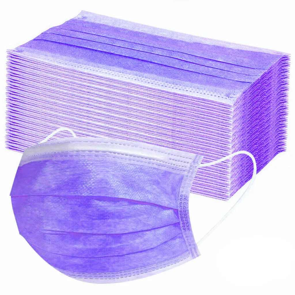 

50PC Purple Disposable Face Mask Skin Care Personal 3ply Non-woven Cloth Halloween Cosplay Disposable Adult Unisex Masks Masque