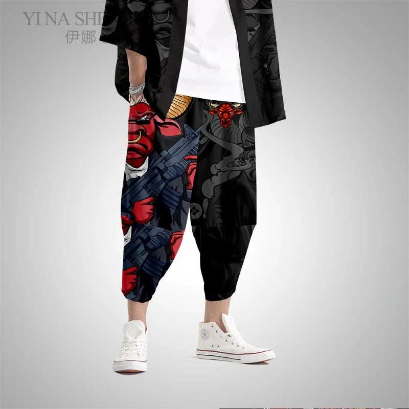 

Japanese Kimono Pants Men Yukata Harajuku Style Cardigan Traditional Loose Cow Print Trouser Asian Costume Hip-hop Casual Pants