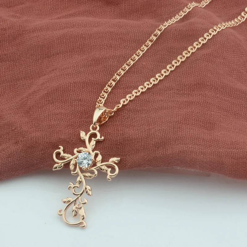 

FJ Women Flower Cross Men 585 Rose Gold Color Big Cubic Zircon Pendant Chains Necklace