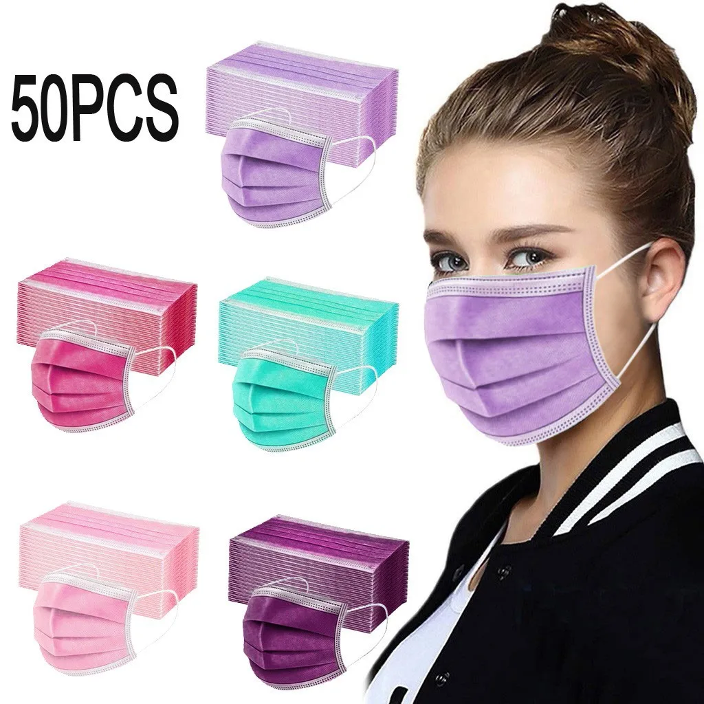 50pcs Adults Mascarilla Disposable Face Mask 3ply Ear Loop Mascherine Pink Green Purple Mascaras Halloween Cosplay Navidad | Тематическая