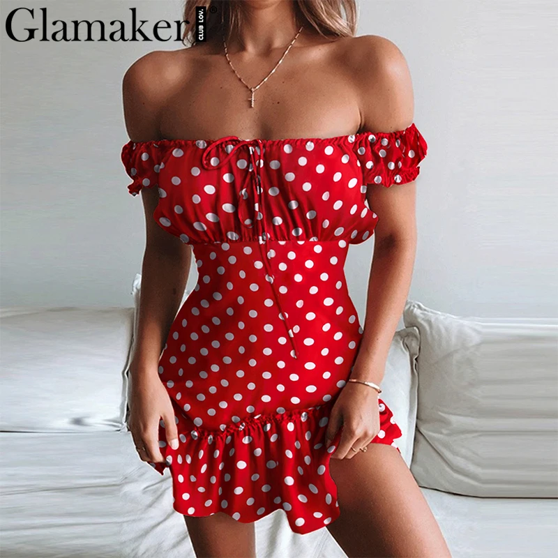 Glamaker винтажное платье в горошек с открытыми плечами летнее сексуальное короткое