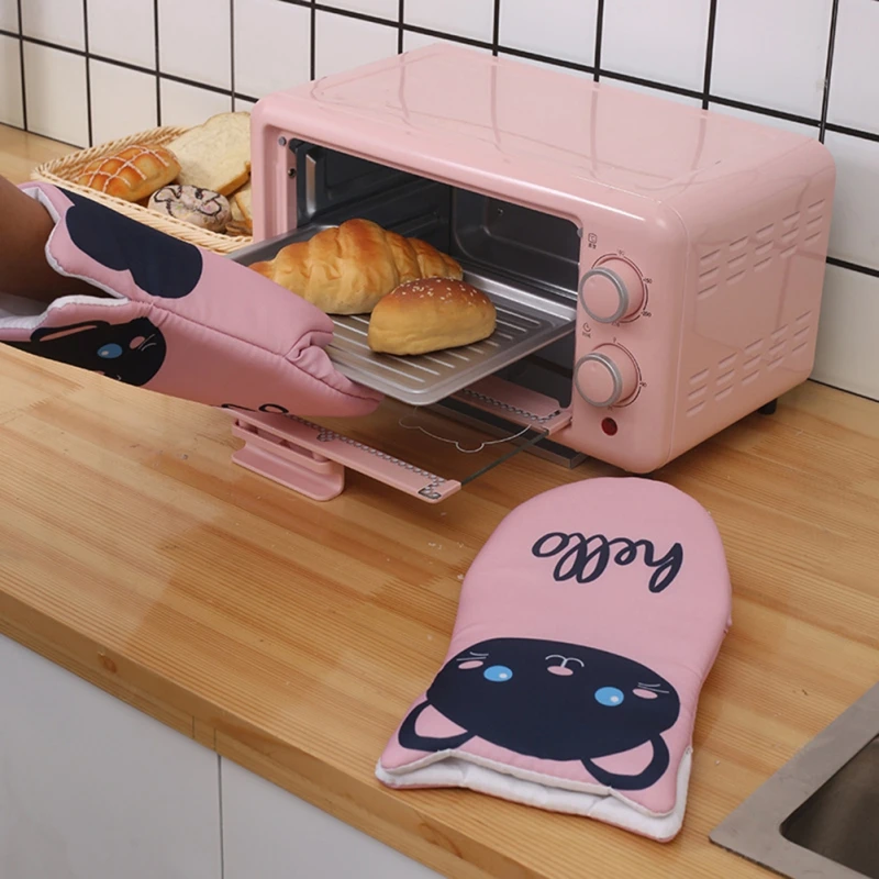 1 Pair Cartoon Animal Cat Paws Oven Mitts Heat Resistant Non-slip Long Microwave Gloves Cotton Kitchen Baking Insulation Gloves