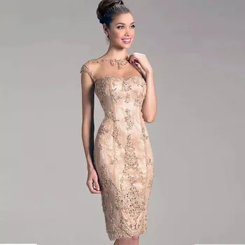 

Champagne 2019 Mother Of The Bride Dresses Sheath Cap Sleeves Appliques Lace Beaded Knee Length Short Mother Dresses For Wedding