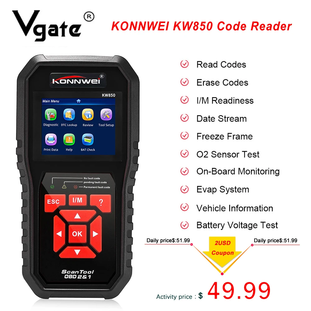 OBD2 KONNWEI KW850 Code Reader Check Engine OBD/EOBD Scanner Automotive Free update Car Diagnostic Auto Tool PK CR5001 CR3008|Code Readers & Scan Tools| - AliExpress