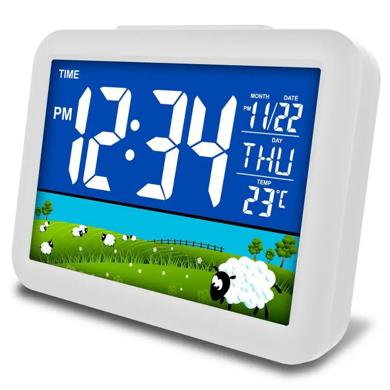 

Electronic Alarm Clock Large Color Screen 5s Delay Time Automatic Off Night Light Quiet Calendar Desktop Clocks Home Decor