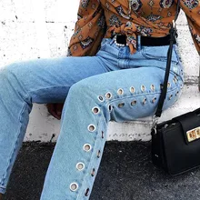 Европейские и американские женские уличные Стрейчевые джинсы с высокой талией, с принтом, с высокой талией, свободные, с заклепками, с вырезами, с металлическими глазами, джинсы L0830