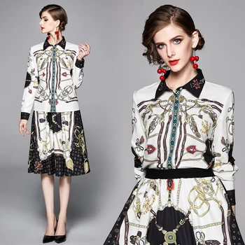 

Autumn Fashion Elegant Skirt Two Pieces Set Women's Vintage Print Blouses Shirt + Elastic Waist Casual Midi Skirts Set Vestidos