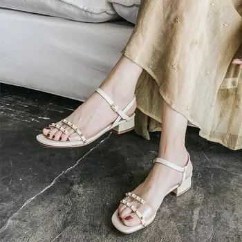 

Roman Sandals Comfort Shoes For Women Square Toe Suit Female Beige Block Heels All-Match 2020 Summer Buckle Strap Gladiator