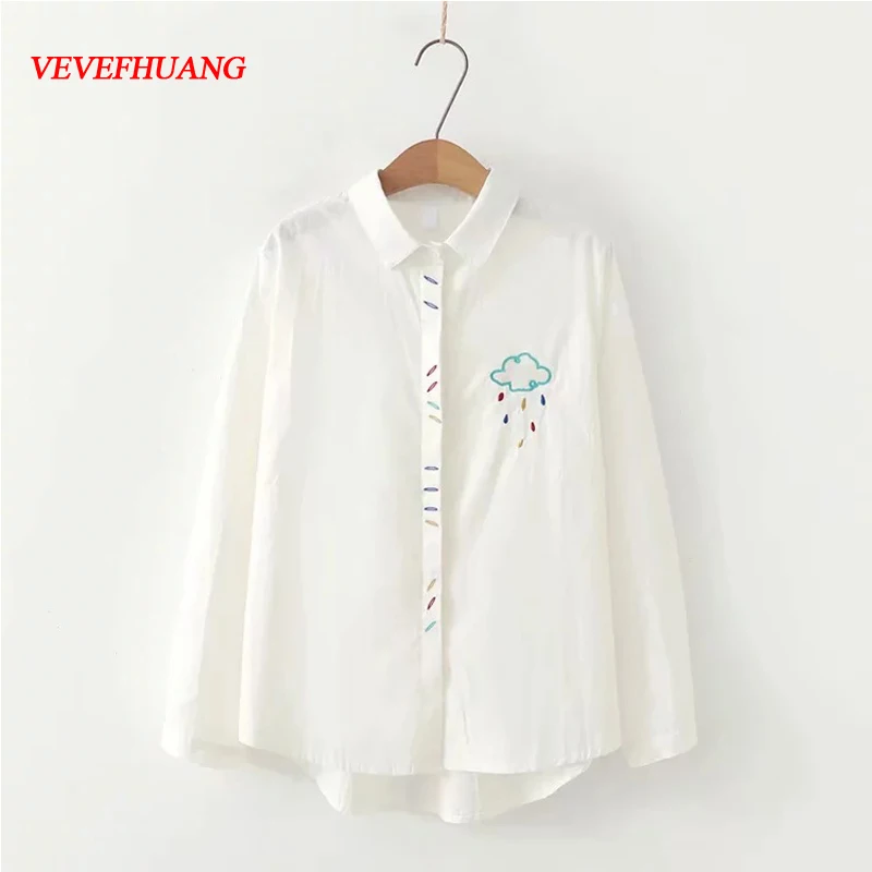 

Korean Preppy Style Small Raindrop Cloud Embroidery Shirts Spring Autumn New Turn-down Collar Long sleeve Loose White Blouse