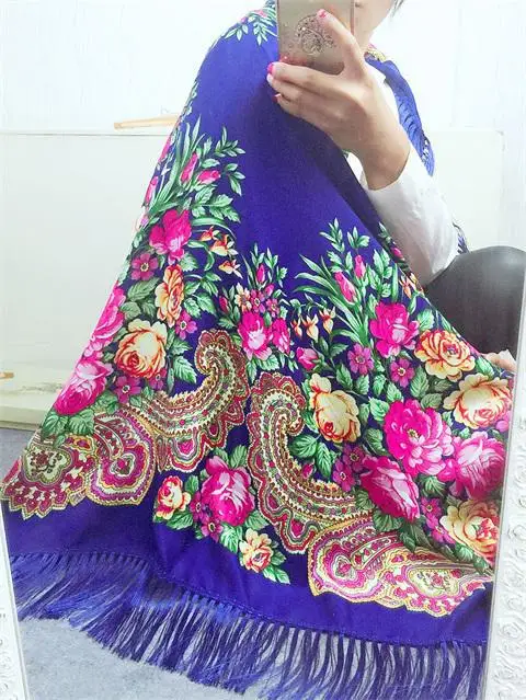 Синий Large Squar Shawl Scarf Fashion Women Printing Russia Style National Designs With Four Sides Tassel Oversize Wrap 135CM*135CM 02 - Цвет: Синий