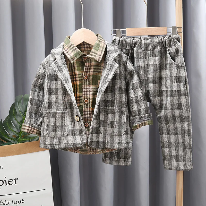 

CHILDREN'S Business Suit Fashion Plaid Long Sleeve Trousers Fold-down Collar Two-Piece Set BOY'S Baby Coat Tops Childrenswear