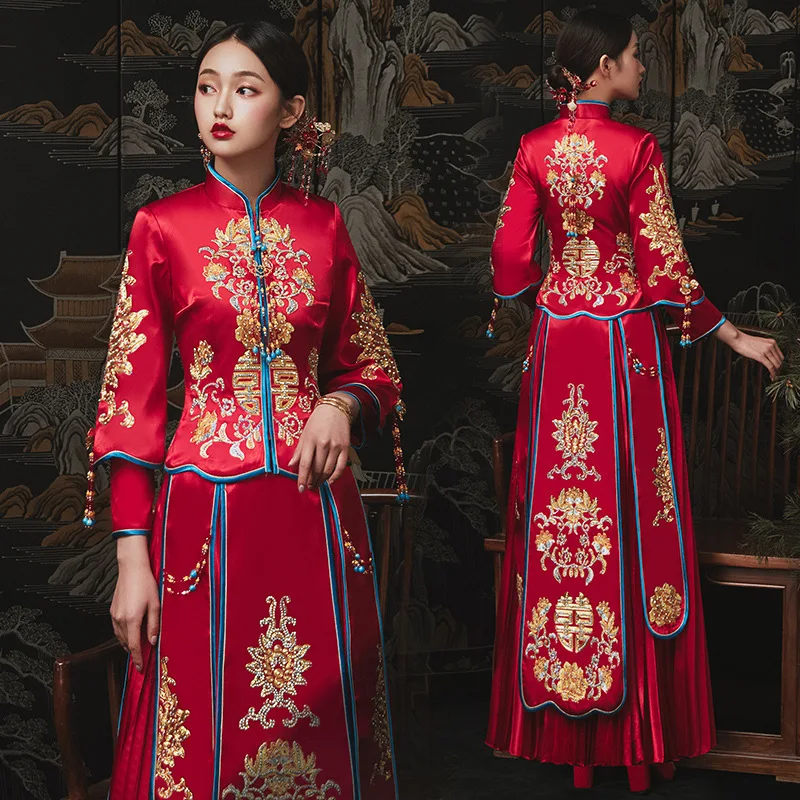 

Китайское изысканное Свадебное платье стразы с цветочной вышивкой для пары элегантное платье-Ципао с воротником-стойкой для свадьбы