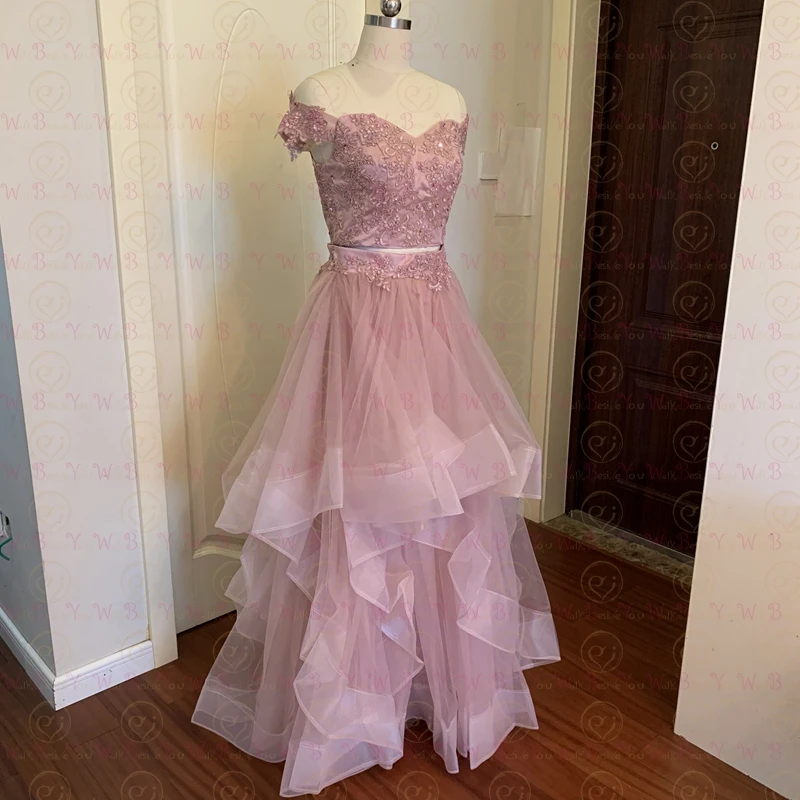 US $76.80 Walk Beside You Pink Prom Dresses Lace Two Pieces Ruffles Robe Africaine Femme 2020 Nouveaut Off Shoulder Sweetheart Long Floor