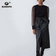ROHOPO женская черная юбка миди из искусственной кожи, пояс-бабочка, кнопки спереди, эластичная резинка на талии, юбки, боковой шов, карман, леди, Falda#1455