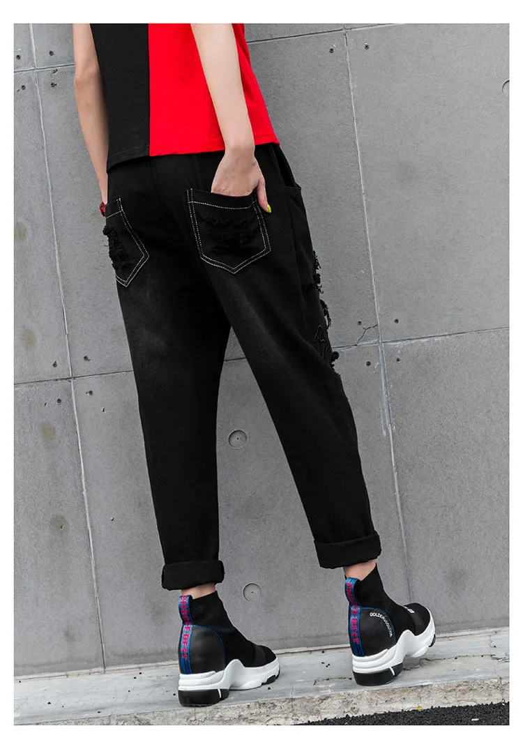 Ретро тренд, эластичная талия, полная длина, джинсовые штаны для женщин, Осенние, красные, с дырками, шаровары, женские штаны с принтом LT856S30