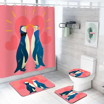 

Cute Cartoon Pattern Shower Curtain Set Waterproof Shower Curtain Anti-Mold Carpet Four-Piece Combination