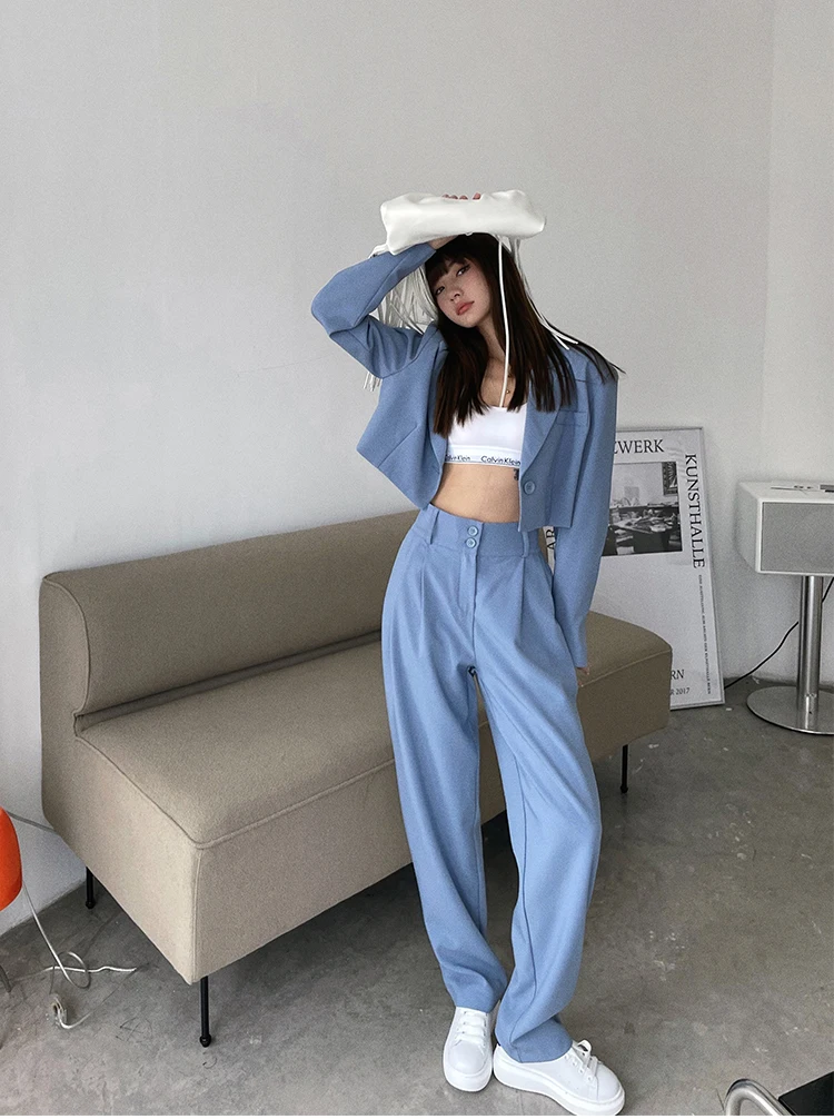 Sungtin Korean Casual Women Suits Blazer Jacket Ol Wide Leg High Waist  Pants Suits Female Two Piece Sets Elegant Crop Tops Coats - Pant Suits -  AliExpress