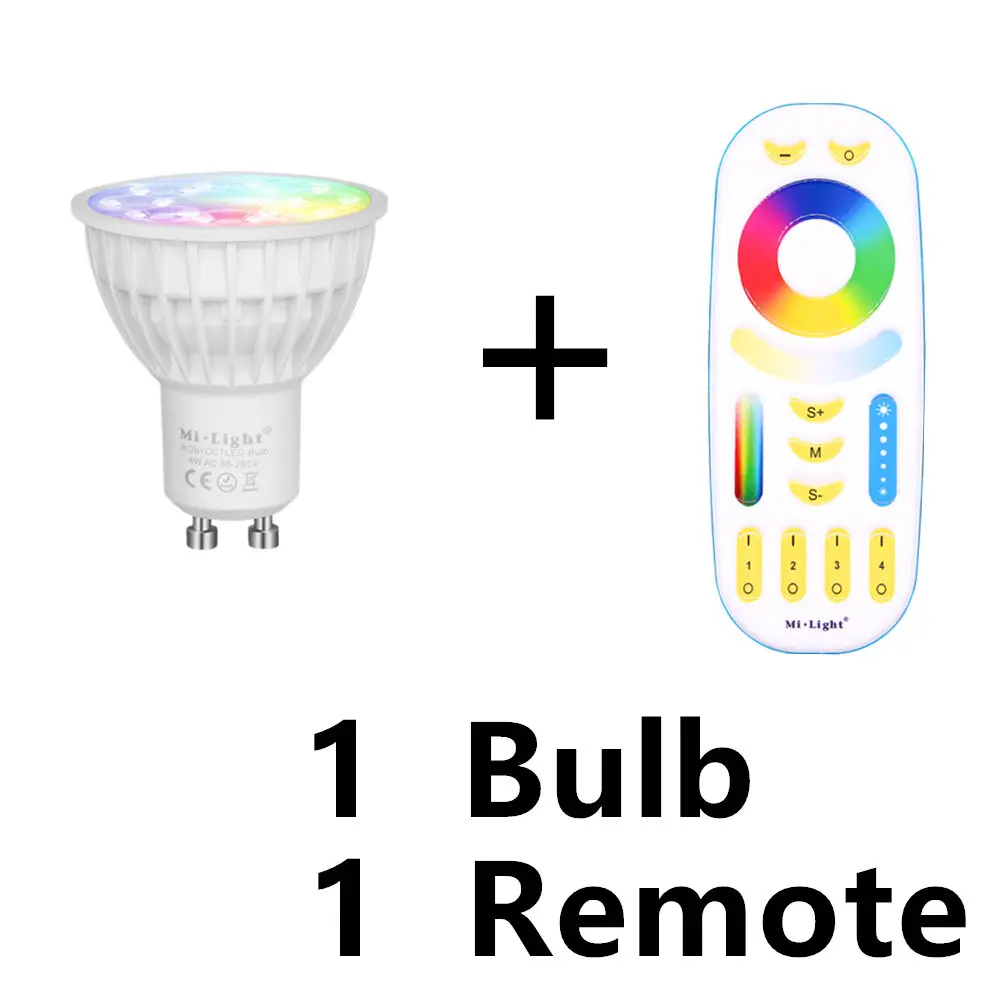1 Bulb add 1 Remote Светодиодный светильник с регулируемой яркостью Mi-Light GU10 4W RGB+ CCT лампы для внутреннего украшения+ 2,4G RF светодиодный пульт дистанционного управления для смарт-ламп Milight - Испускаемый цвет: 1 Bulb add 1 Remote