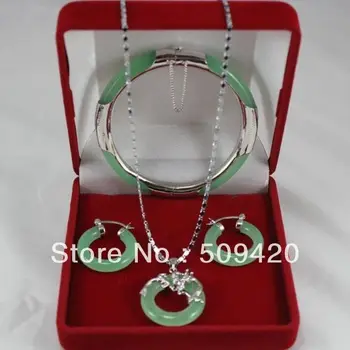 

good Wholesale>>>Beautiful 18K white gold plated green jade bracelet necklace earrings set #@