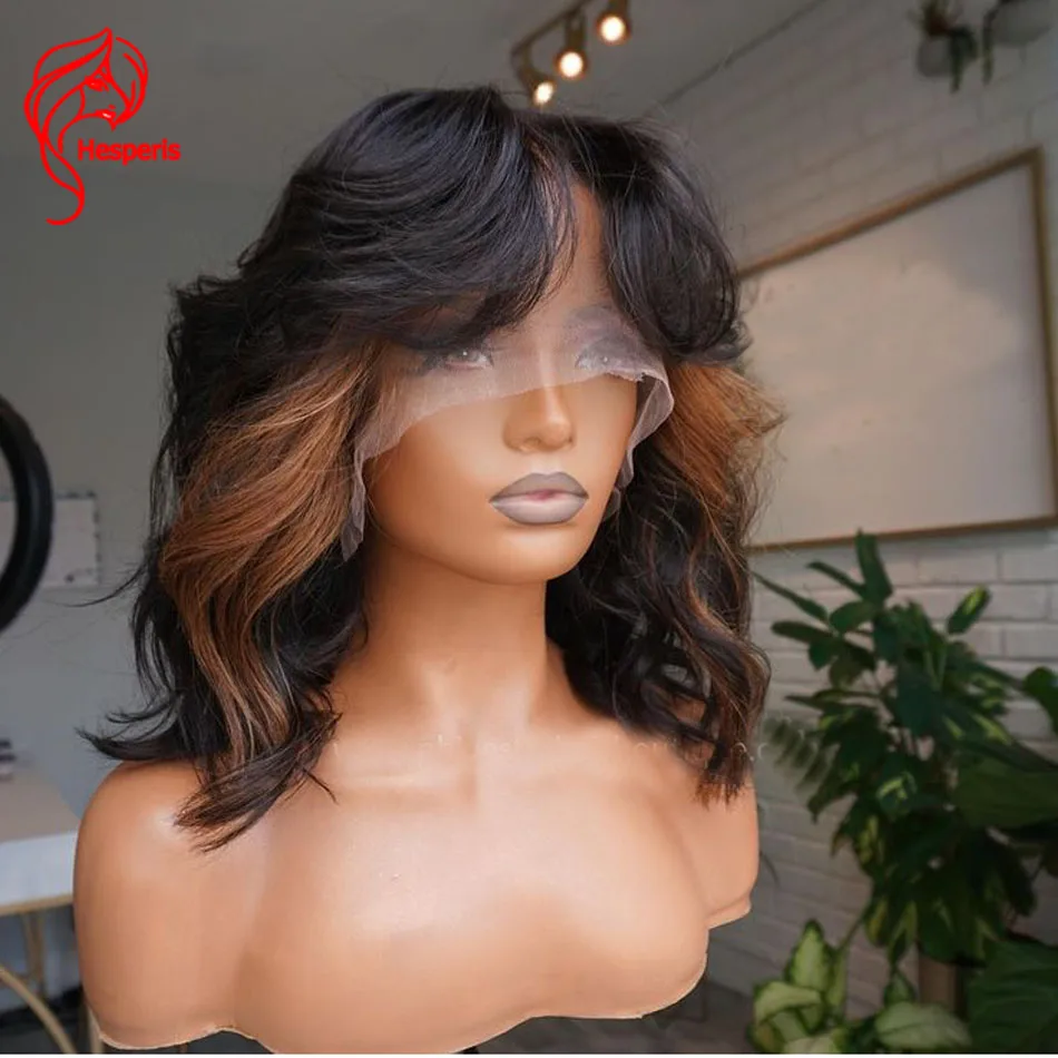Hesperis Highlight Short Wave Bob Lace Front Wigs With Bang Brazilian Remy 13X4 Lace Front Human Hair Wigs Middl Part Side Bang