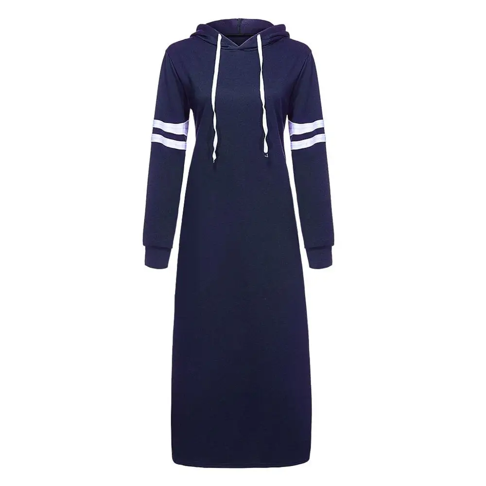 Blue Женские платья больших размеров 5XL Женские с длинным рукавом с капюшоном контрастные полосатые с боковыми принтами на шнурке карманы бейсбольное Спортивное платье A3 - Цвет: Blue