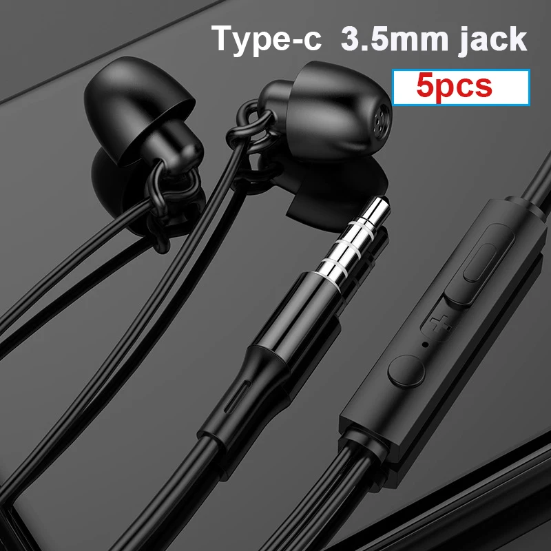 5pcs lot Sleep Earphone USB Type C 3 5mm Universal Stereo Bass Headphone with Mic Gaming Headset For Xiaomi iphone 4 5 6