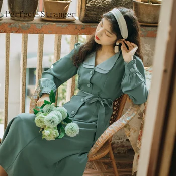 

2020 Spring New Arrival Retro Hot Sale Peter Pan Collar Solid Color Women Chiffon Long Dress