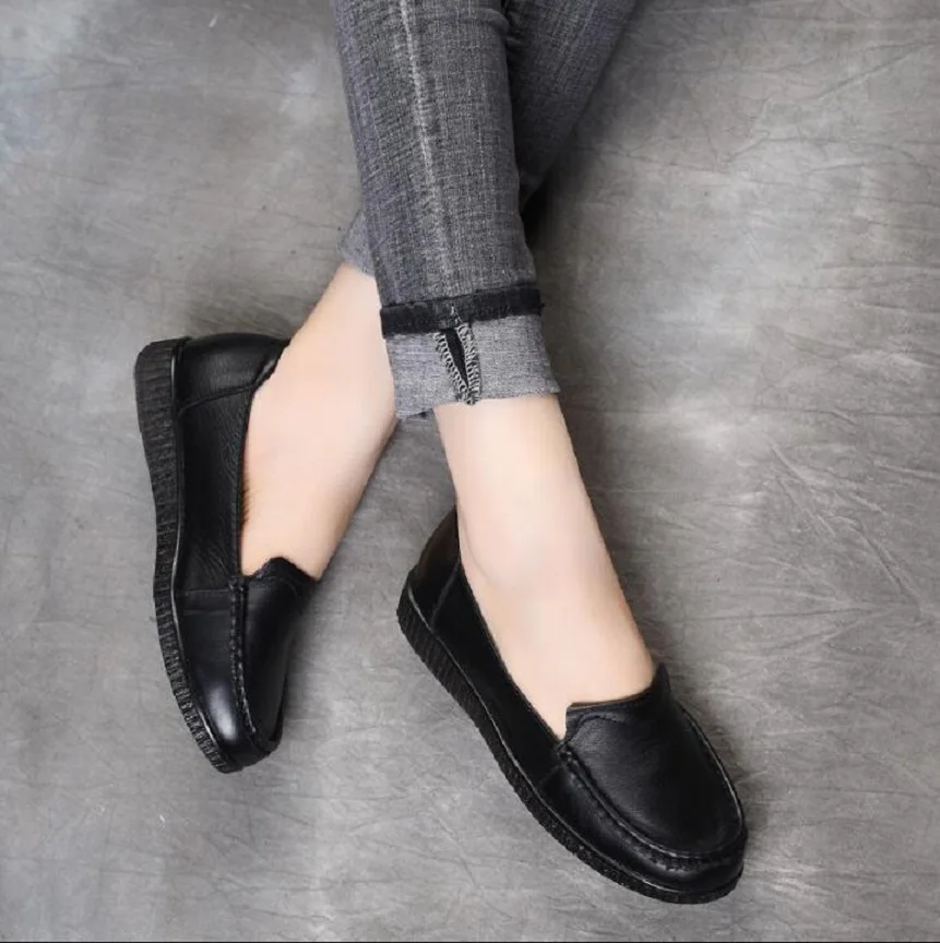 

2019 Autumn Genuine Leather Flat Work Shoes Women Ballet Flats Solid Round Toe Non-Slip Soft Comfortable Ladies Shoes