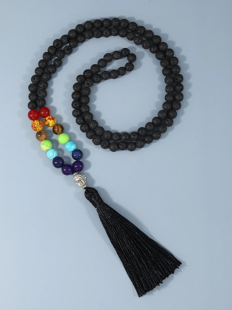 8mm Black Lava Stone 108 Beads 7 Chakras Tassel Necklace Retro Buddhism Yoga 