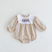 Infants Girls Cotton Rompers Autumn Long Sleeve Cute Bear Collar Plaid Pattern Bodysuits Newborn Kids Clothes