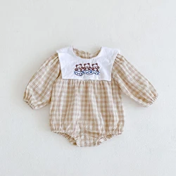 Barboteuse en coton pour bébés filles, barboteuse d'automne à manches longues, joli col d'ours, motif écossais, vêtements pour nouveau nés 