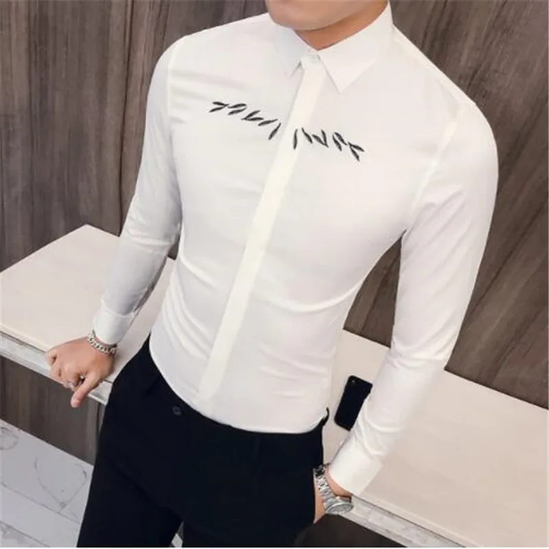 Camisa masculina, новинка, мужская рубашка с длинными рукавами, простые Универсальные мужские повседневные рубашки с вышивкой, приталенная рубашка, платье-смокинг - Цвет: 1