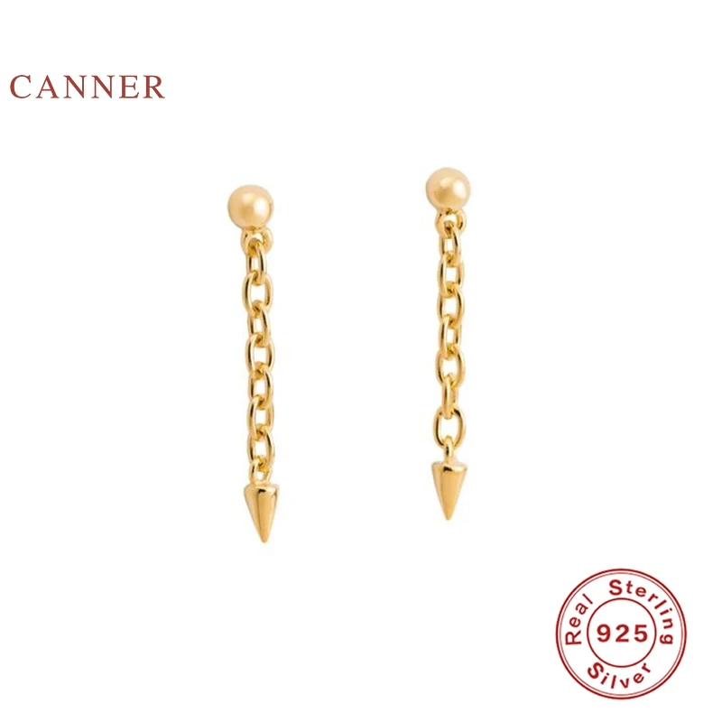 CANNER Real 925 Sterling Silver Earrings For Women Chain Rivet Cone Stud Zircon Diamond Korean Gold Jewelry Pendientes | Украшения и