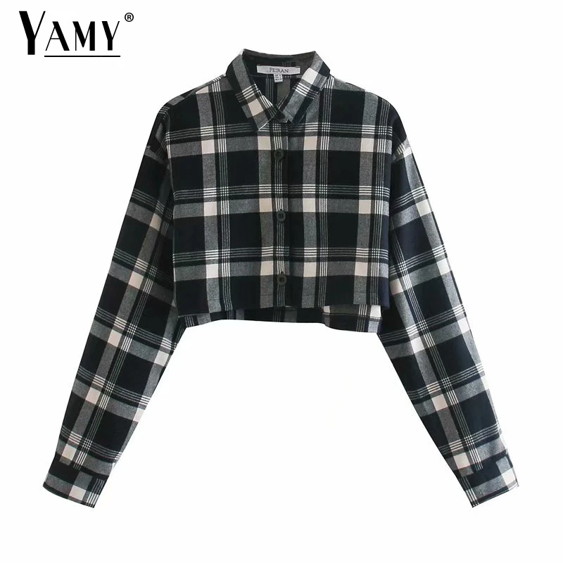 Autumn Long Sleeve Crop Top Women Plaid 