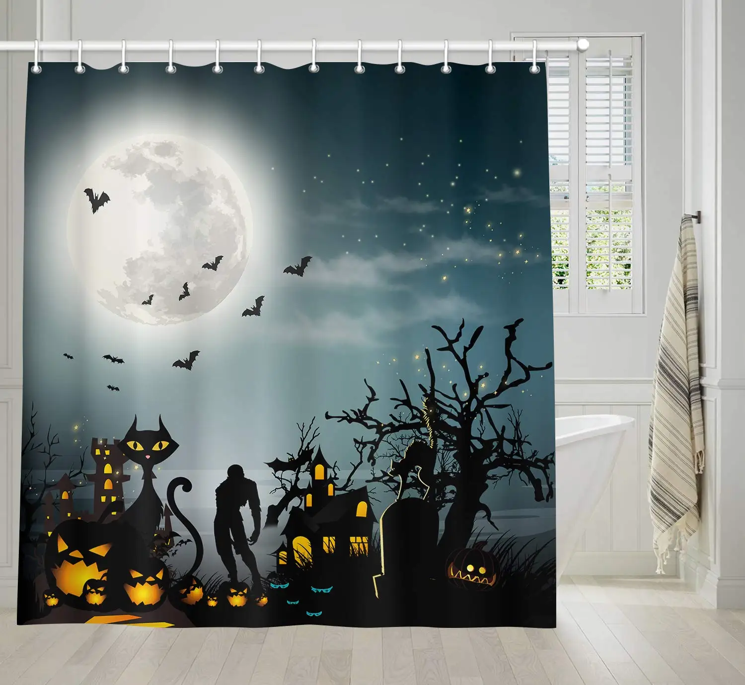 Готический стиль оборотень призрак и кошка на кладбище Хэллоуин тыквы летучие