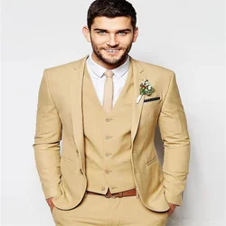 2021 New High-Quality Customized Khaki Notched Lapel Two Buckles Fashion 5- Pieces Set(Coat + Pants + Tie + Handkerchief + Vest)