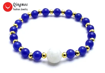 

Qingmos Fashion 6mm Round Natural Blue Jade Bracelet for Women with 10mm Natural White Moonstone Gemstone Bracelet 7.5'' bra419