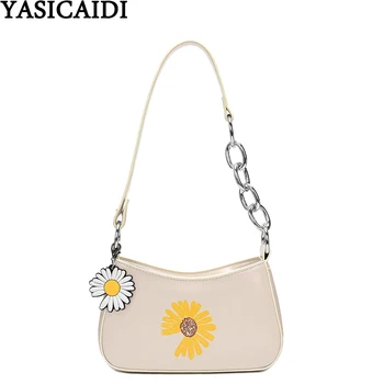 

YASICAIDI Summer Daisy Floral Pattern Leather Chain Shoulder Bag Small Phone Pocket Purse Ladies Hand Bags Women Party Handbags