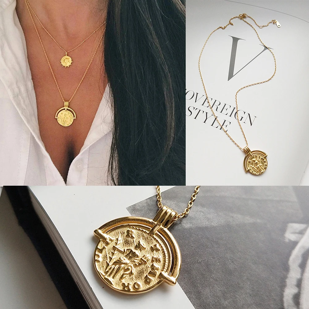 Portrait Gold Medallion Round Coin Pendant Choker Necklace Large Disc Necklace S925 Silver Personalized Necklace Boho Jewelry