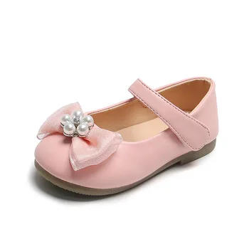 

Baby Girls Shoes Flats Toddlers Little Kids Leather Shoes Black Pink Silver Sweet Dress Shoes Lace Bowtie Bow Pearls Size 21-30