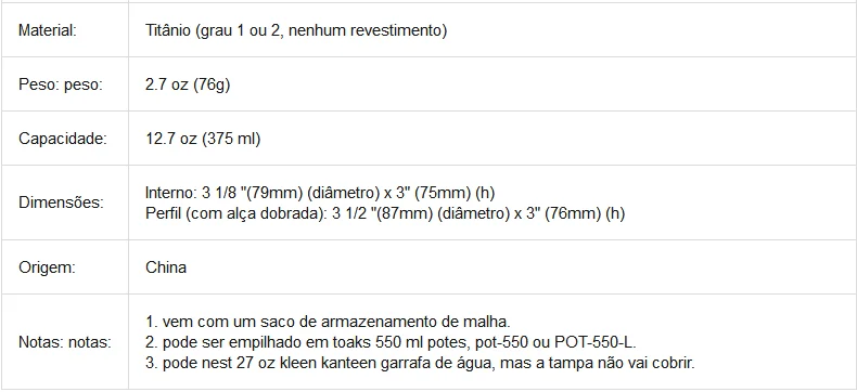 Toaks titânio acampamento pote e copo(375 мл, 450 мл, 550 мл, 650 мл, 700 мл, 750 мл, 800 мл, 900 мл, 1100 мл, мл, мл