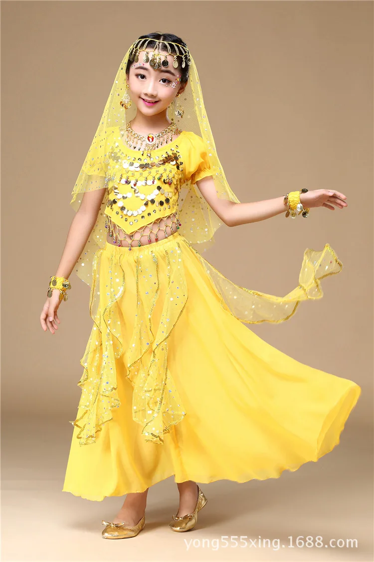 5 Colors Children's Day Belly Dance Stage Performance Baby Girl Kid Suit Oriental Indian Sequin Belly Costume Top Skirt Costume