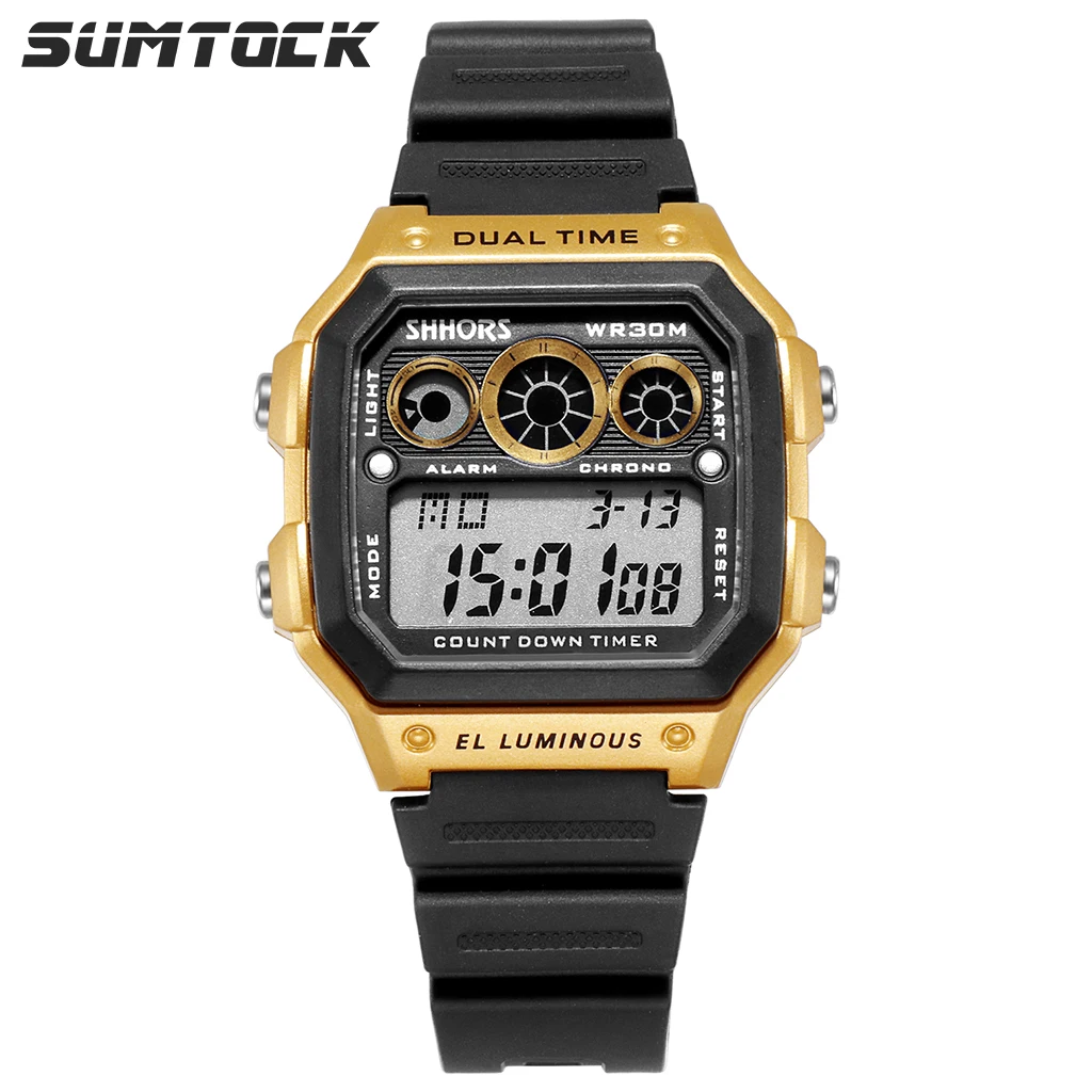 

SUMTOCK Men Digital Watches Gold Black Fashion Sports Male Dual Time Led Display Luminous Wrist Watch Chronograph Alarm Watch