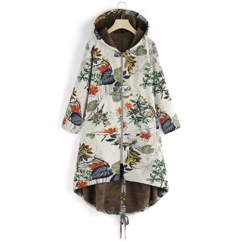 Куртка зимняя Veste Femme пальто с капюшоном Женская хлопковая стеганая верхняя одежда плюс бархат с длинным рукавом винтажный принт парки пальто