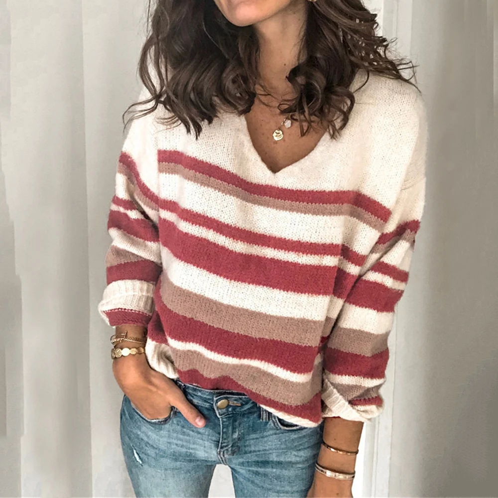 

hunter-wish Patchwork Stripe Sweaters Women's Winter New Style Olid Color Stitching Sweater V-Neck Loose Clothes Tops In Stock