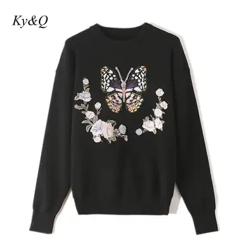 

Brand Designer Women 2019 Winter Christmas Long Sleeve Floral Embroidery Orange Loose Knit Vintage Pullovers Sweaters Black