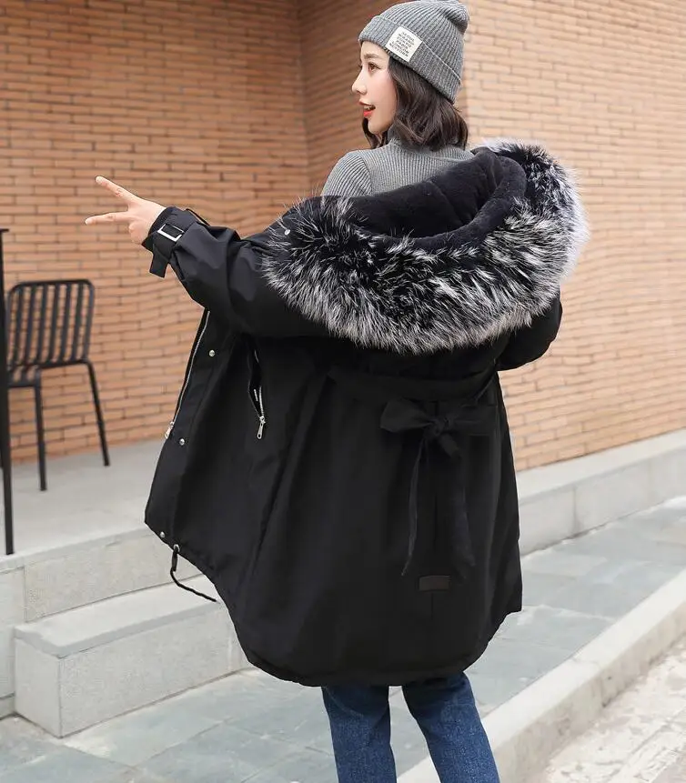 Женская зимняя куртка с большим меховым капюшоном, Новое поступление, женское длинное зимнее пальто, парка с меховой подкладкой